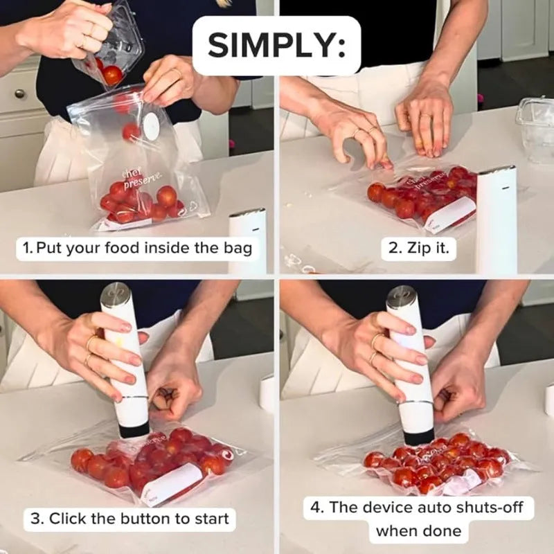 White USB vacuum food sealer with five 26x28cm plastic storage bags