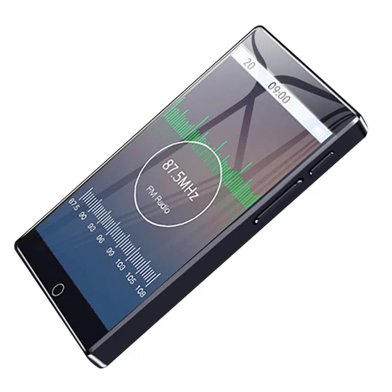Black Ruizu H1 slim portable MP3 MP4 player with 4-inch touch screen showing music library interface