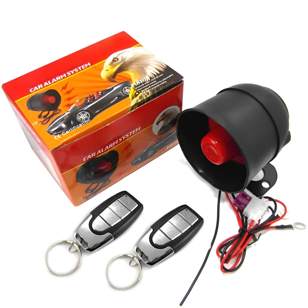 One-way silent car alarm with integrated host speaker and two remote controls for 12V DC vehicles