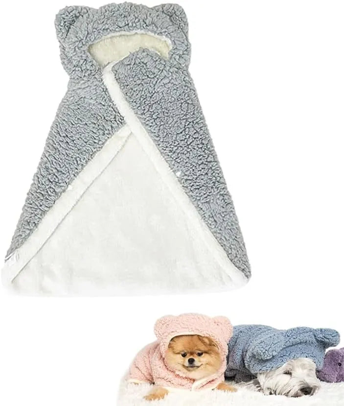 Teddy bear pet cape blanket with hood made of polar fleece in brown, on white background