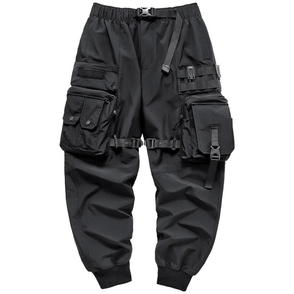 Men's multi pocket cargo pants black polyester loose fit mid waist casual trousers
