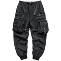 Men's multi pocket cargo pants black polyester loose fit mid waist casual trousers