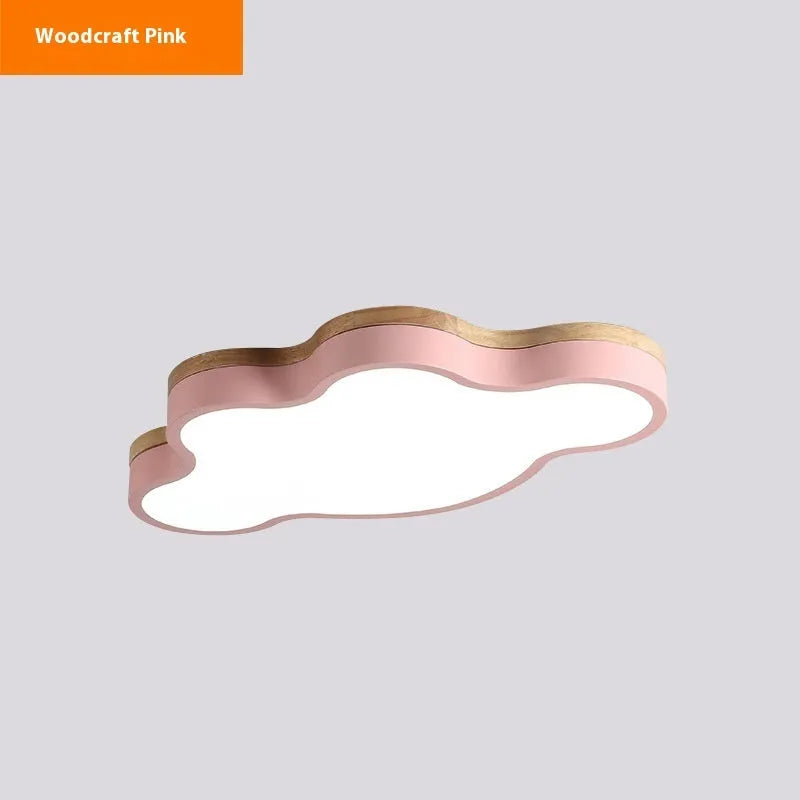 Cloud shaped wooden finish LED ceiling lamp in pink, blue, green or yellow with dimmable lighting