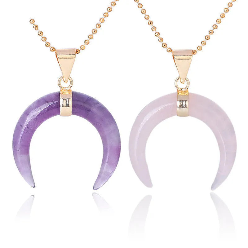 Natural crystal semi-precious stone moon pendant necklace with electroplated copper fittings and 45cm chain