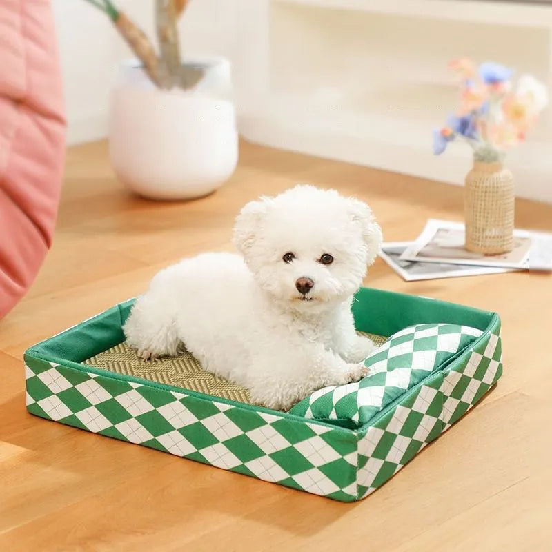 Rattan woven cat litter mat serving as cooling bed in blue, size options shown