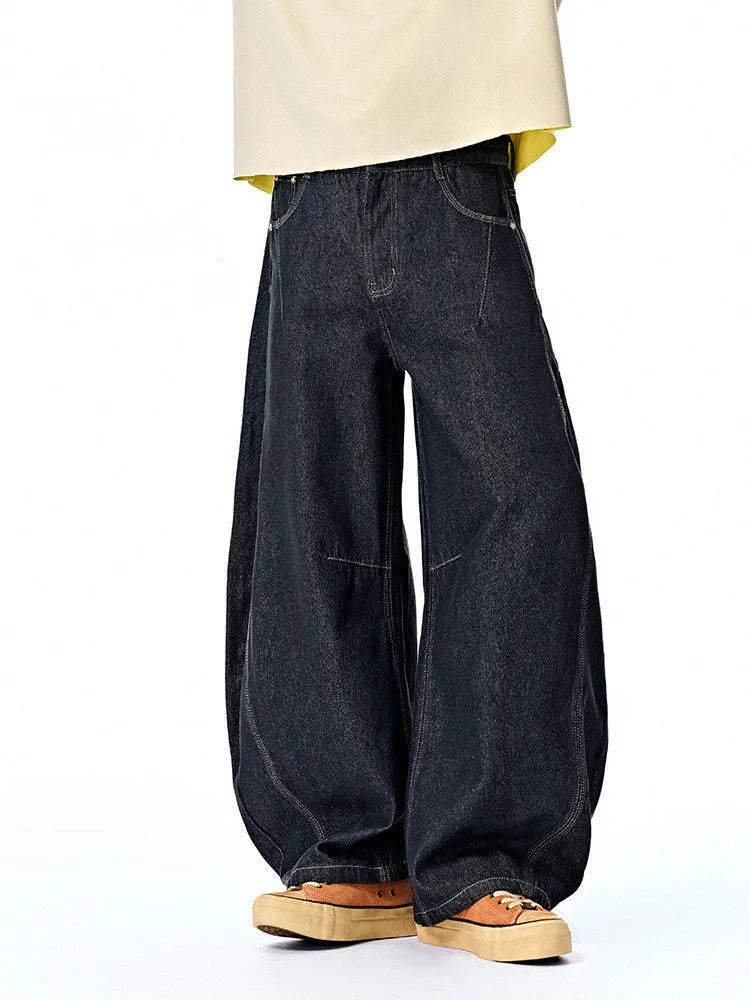 Men's wide leg denim trousers in original cow colour with mid waist construction