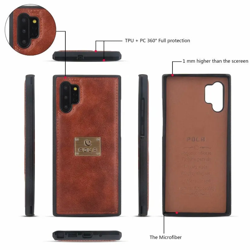 Black PU leather zip wallet case open to show smartphone and card slots.