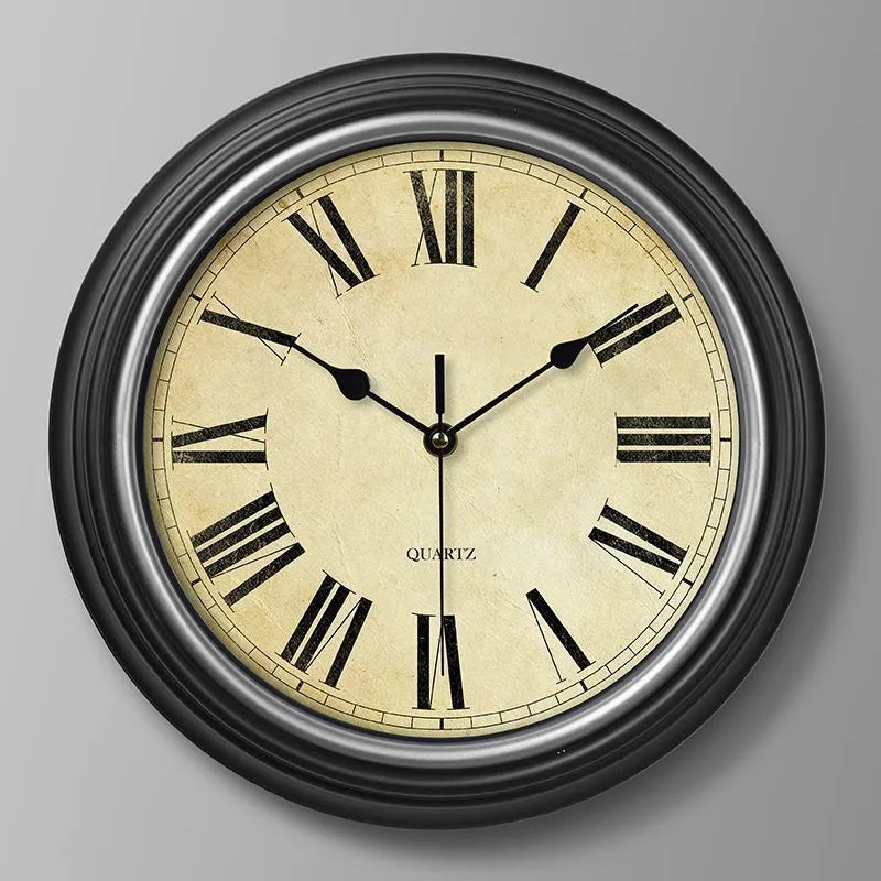 American retro noiseless wall clock 12 inch diameter 29cm glass shell punch-free golden circle Arabic numerals