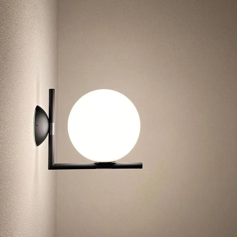 Nordic style glass wall lamp in choice of black, brass or chrome metallic finish
