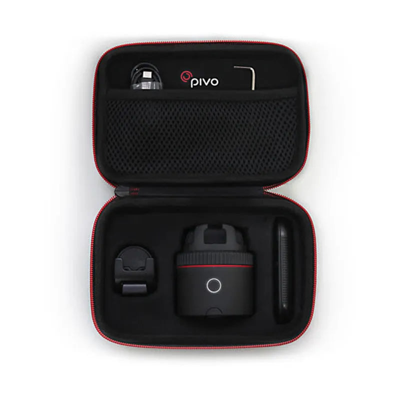 Black matte PIVO facial tracking camera mounted with a smartphone, showing 360-degree rotation base.