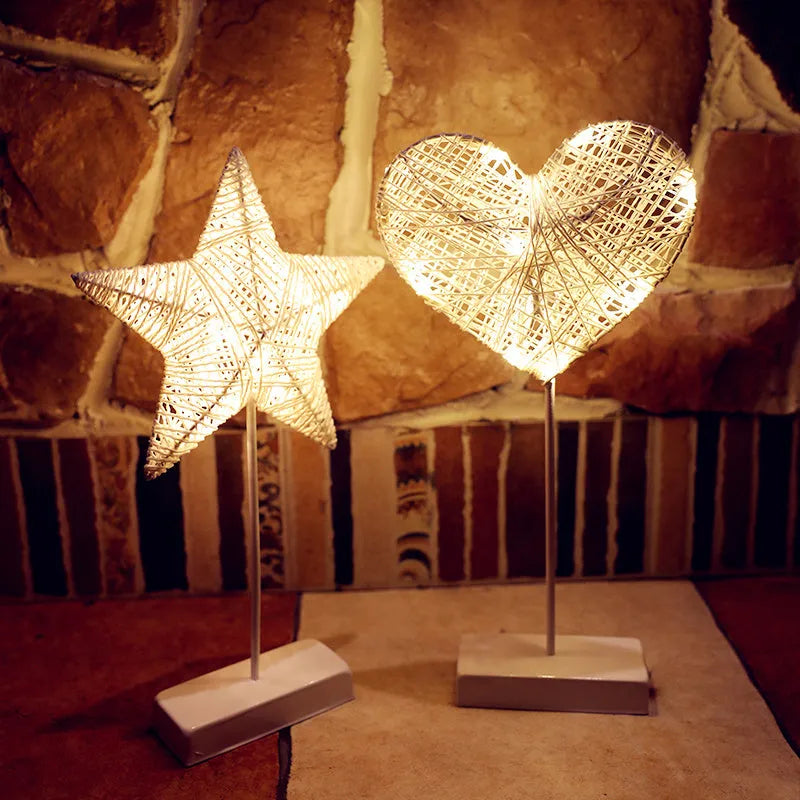 Battery-powered LED decorative lamp in star, love, or moon shape with rattan construction