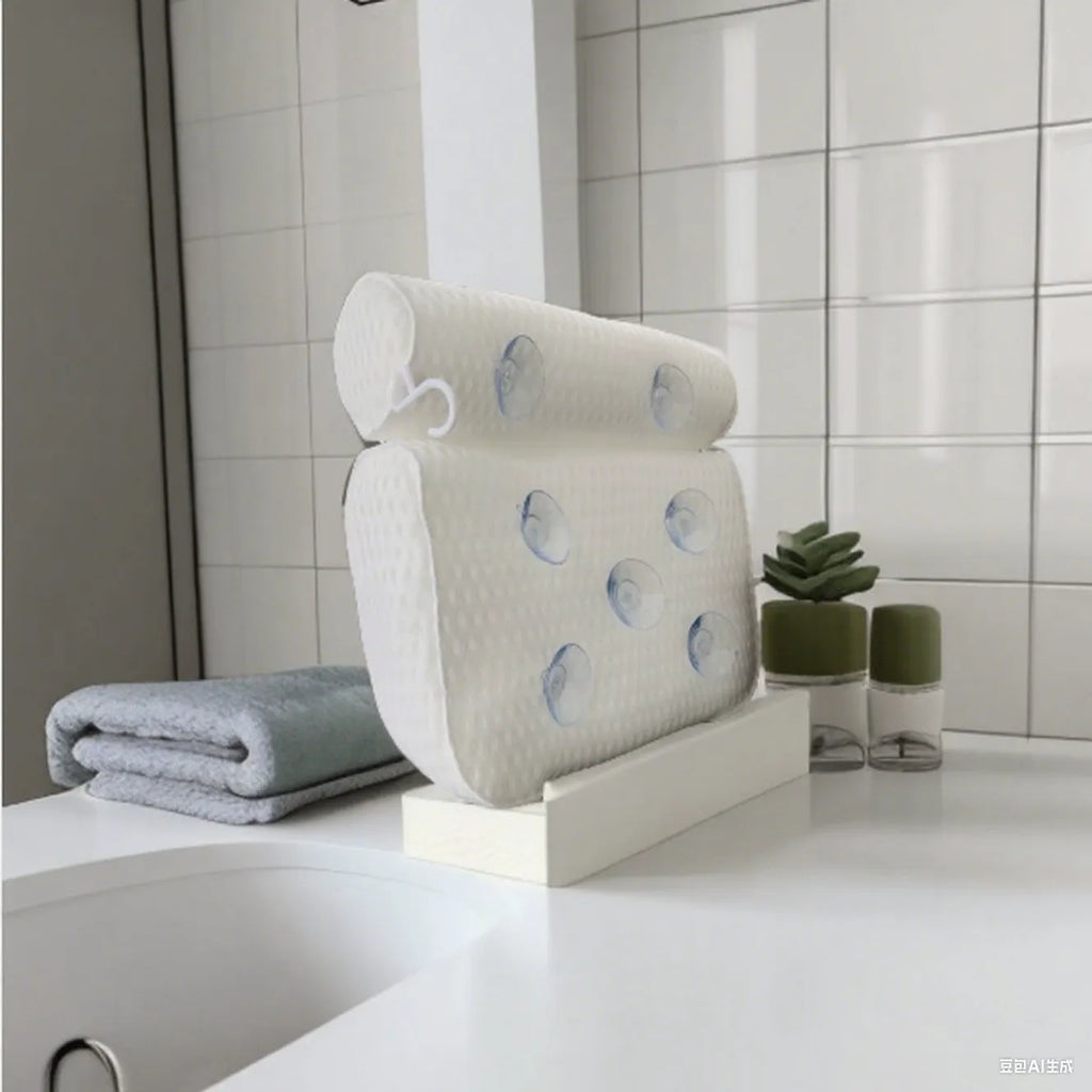 White bathtub pillow with 4D mesh design and 7 suction cups on 3D breathable material.