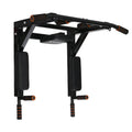 Black wall-mounted fitness equipment with parallel bars and sandbag rack for indoor and outdoor training