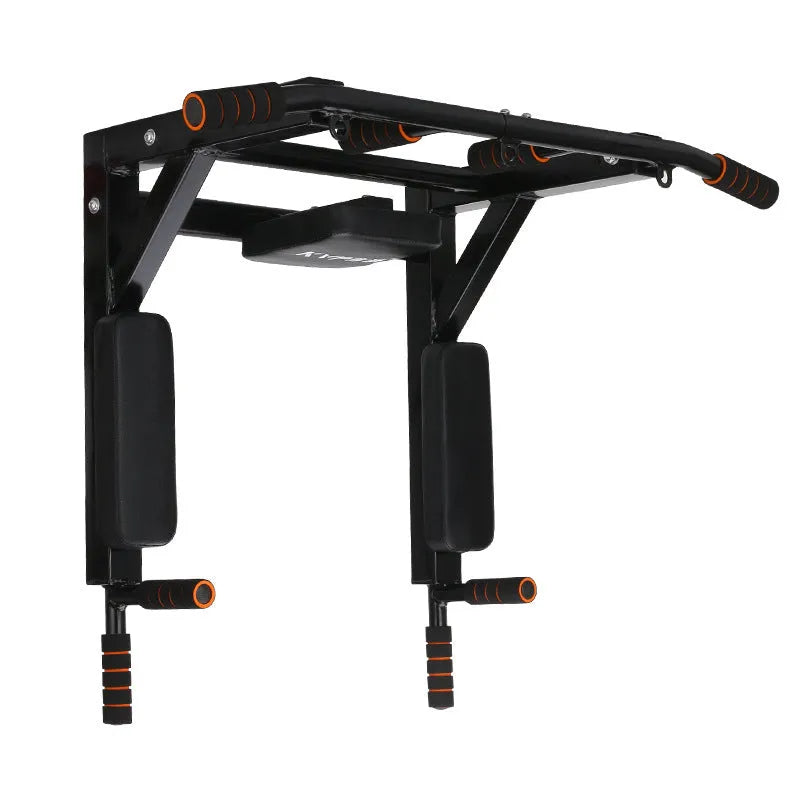 Black wall-mounted fitness equipment with parallel bars and sandbag rack for indoor and outdoor training
