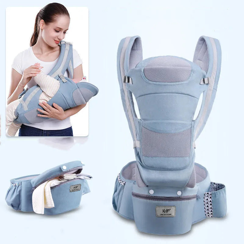 Ergonomic 3-in-1 baby carrier with hip seat, front facing, 0-48 months, large storage, long back panel, blue colour