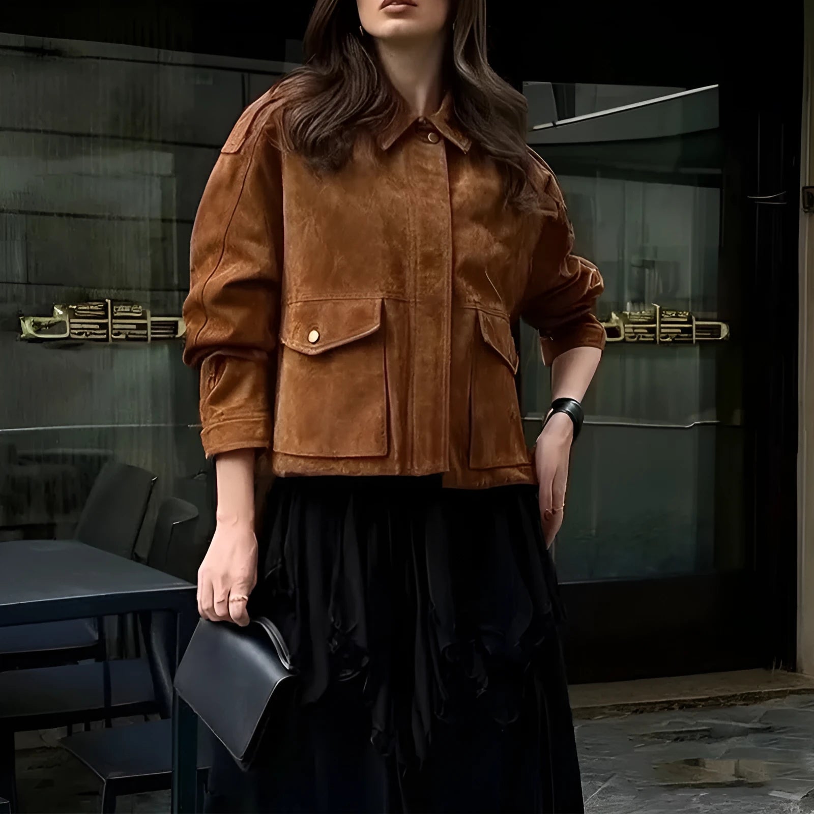 Women's brown street chic suede-look coat with regular sleeves