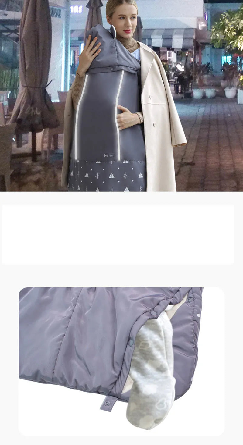 Baby carrier cloak cover windproof quilt coral fleece 78x64cm with detachable hood and reflective tape in Blue