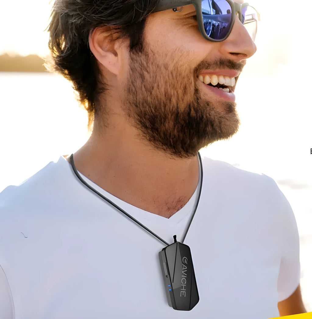 Black portable air purifier necklace with plastic housing measuring 80x37x24mm