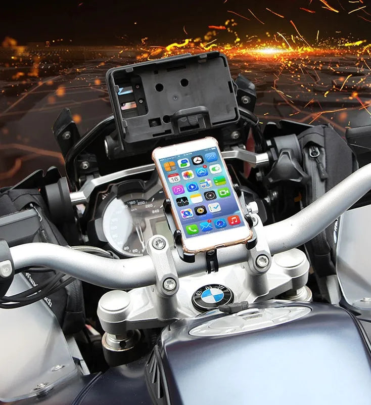 GUB Plus 6 aluminium motorcycle phone holder in black mounted on handlebars