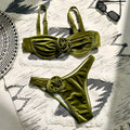 Women's green 3D floral pattern swimsuit with brief style and high elasticity lining.