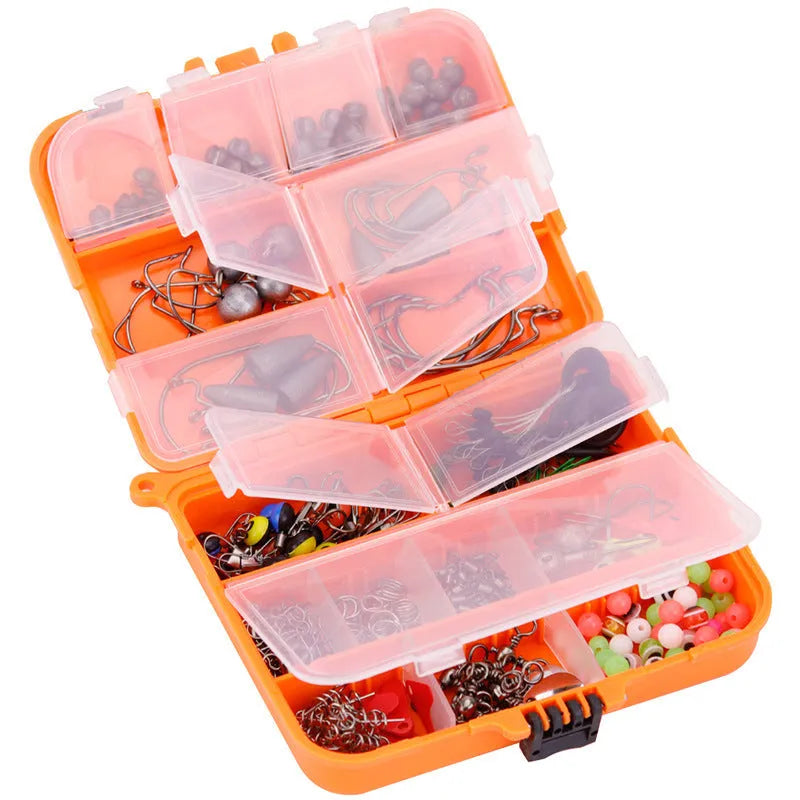 Orange ABS fishing tackle box open to show 257-piece fishhook and lure accessory set