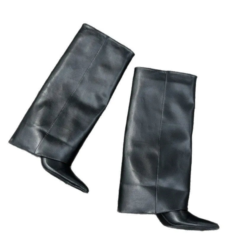 Women's black pointed mid heel riding boots with microfiber upper and rubber sole