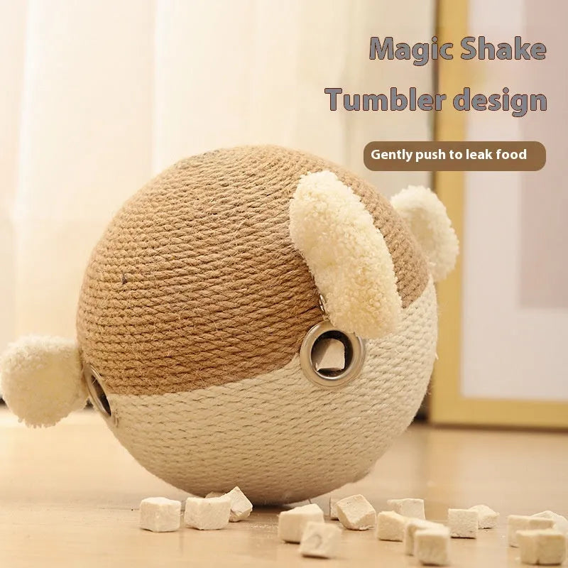 Puffer fish-shaped sisal puzzle feeder toy for pets, shown in a 15cm cube size.
