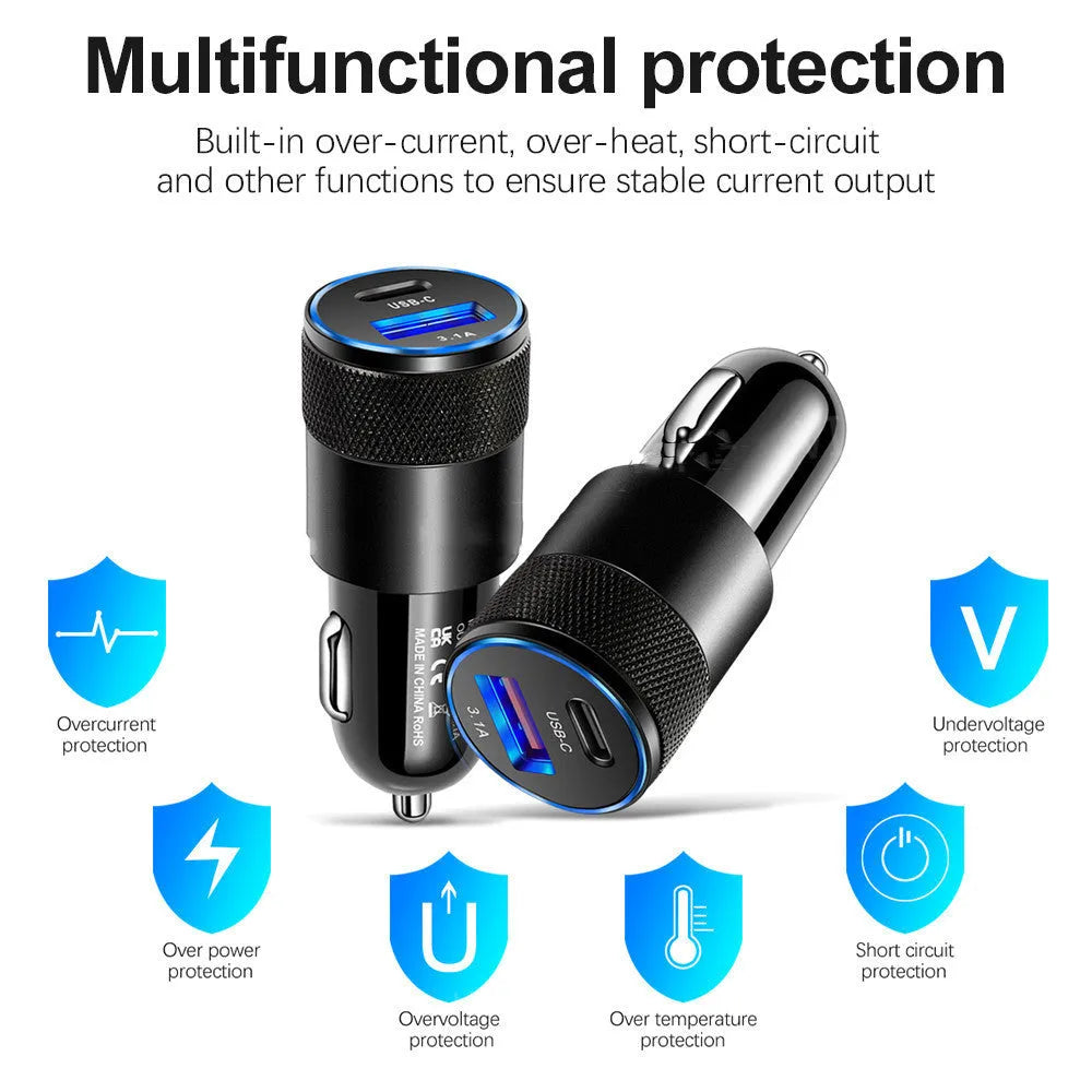 Aluminium alloy car charger showing compact 2.5x6cm dimensions with 12V input for vehicle use