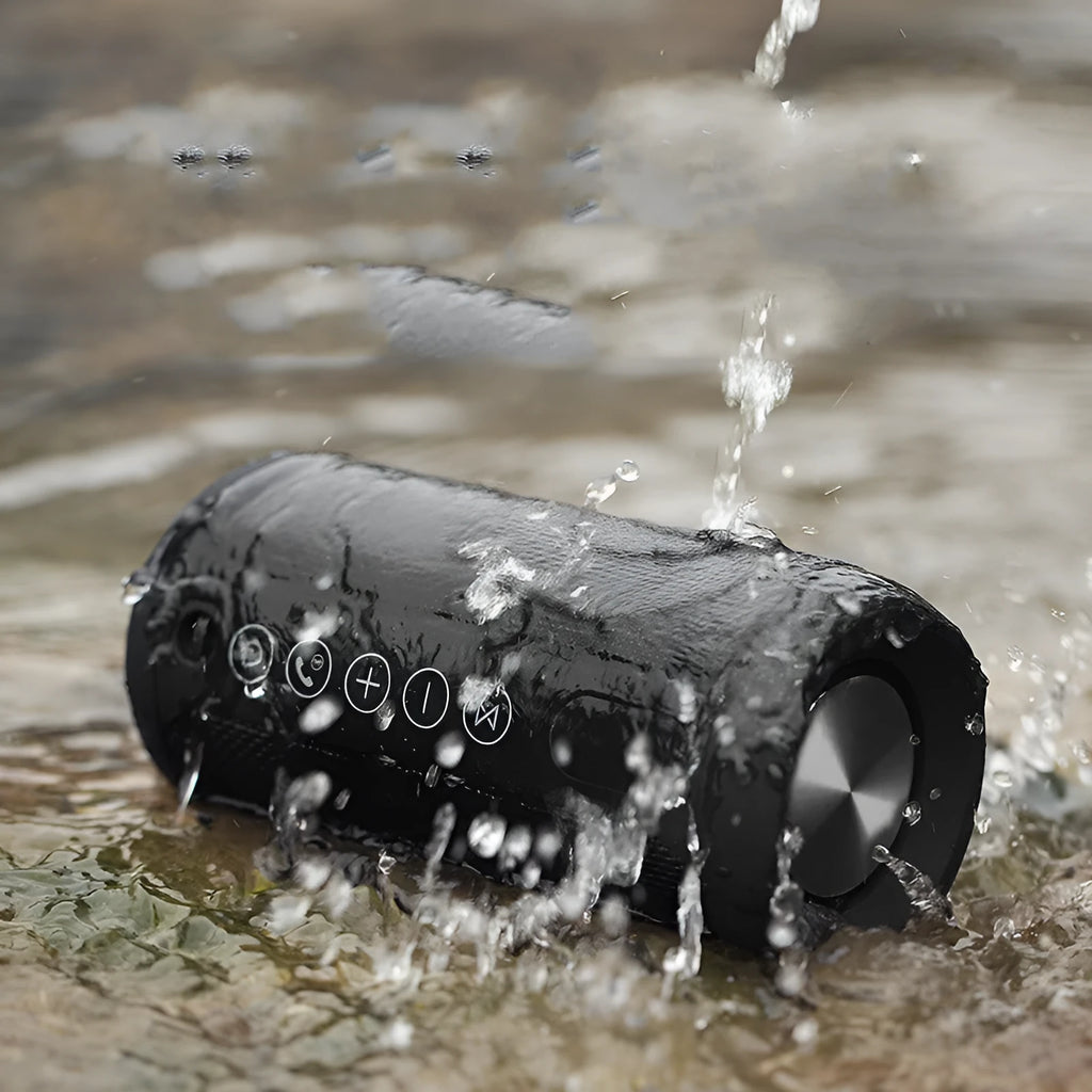 Waterproof outdoor portable Bluetooth speaker in black, camouflage, grey, or red colour.
