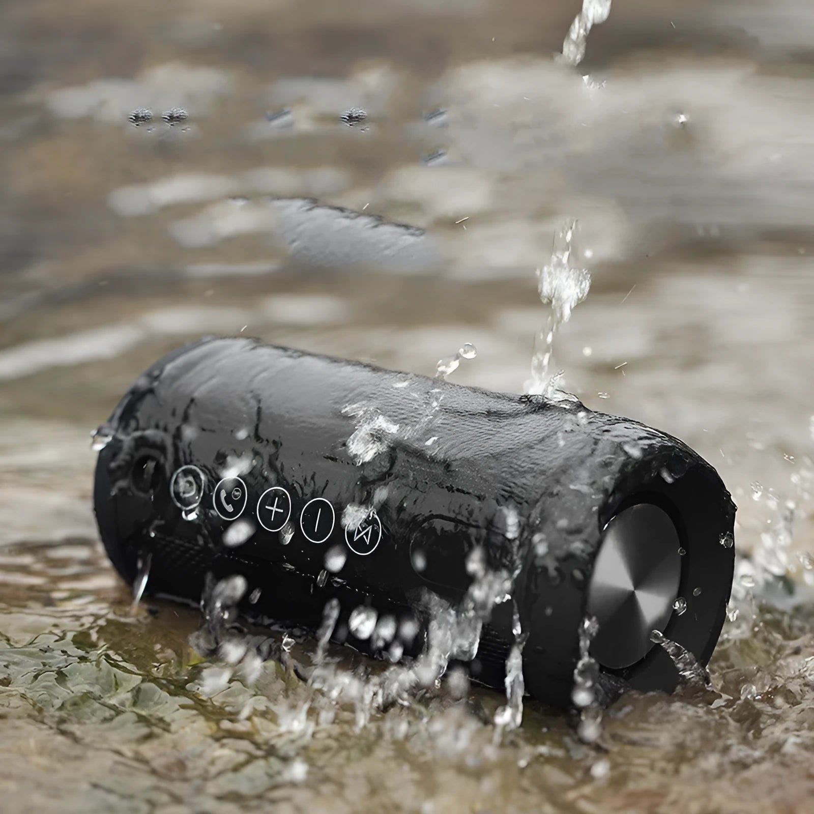 Waterproof outdoor portable Bluetooth speaker in black, camouflage, grey, or red colour.