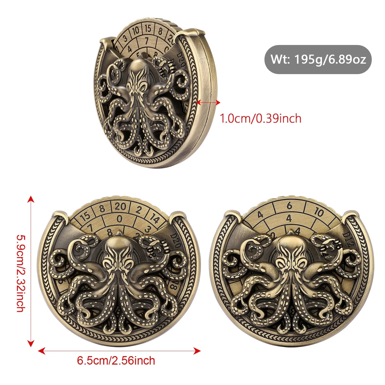 Vintage metal octopus dice turntable in bronze finish on tabletop, compact dice rolling accessory