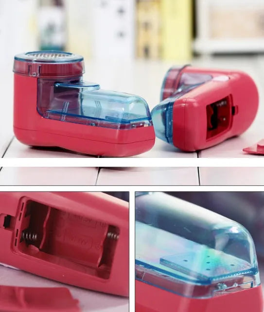White portable electric lint remover for clothing on a table.