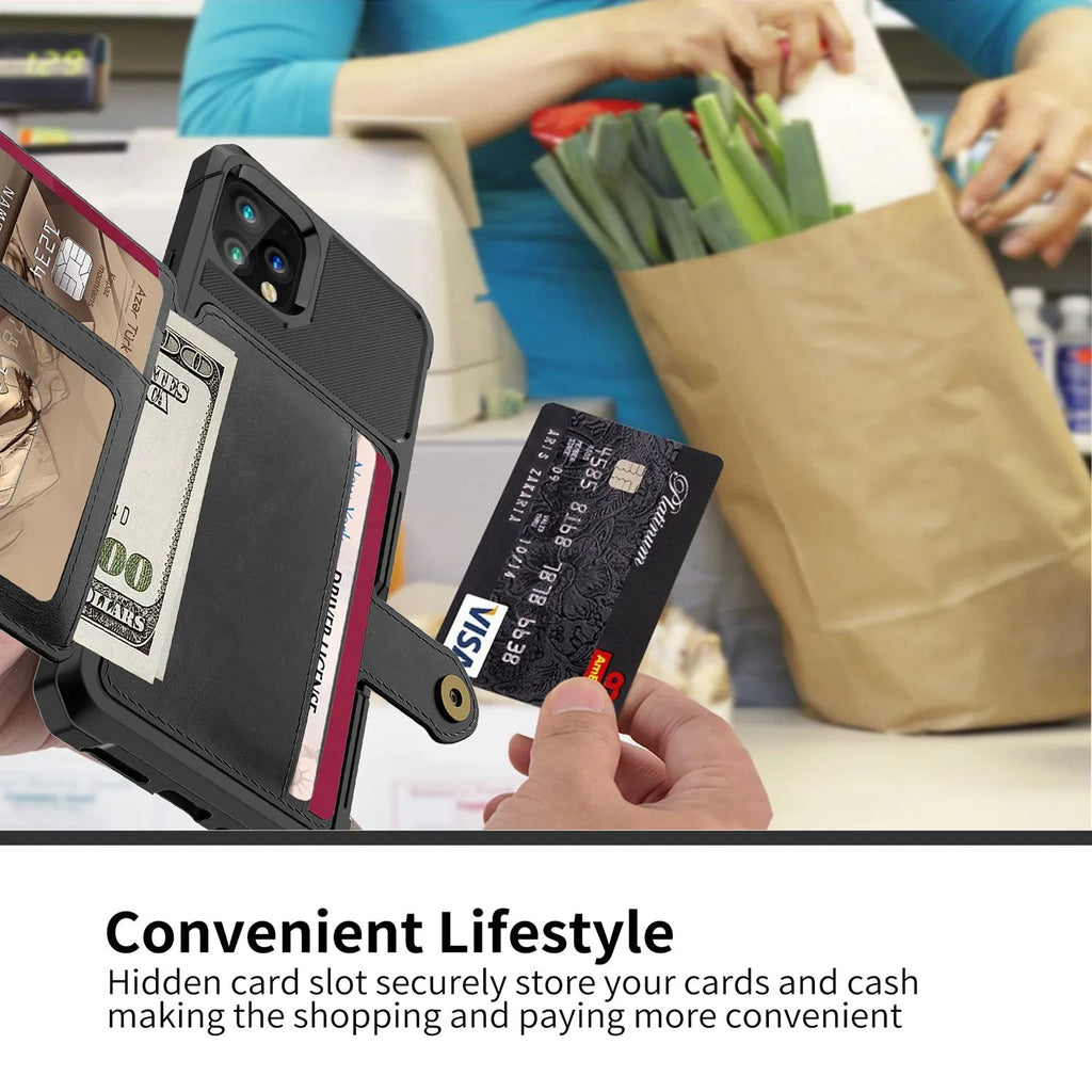 Imitation leather iPhone case with built-in card slot in black, shown next to a credit card.