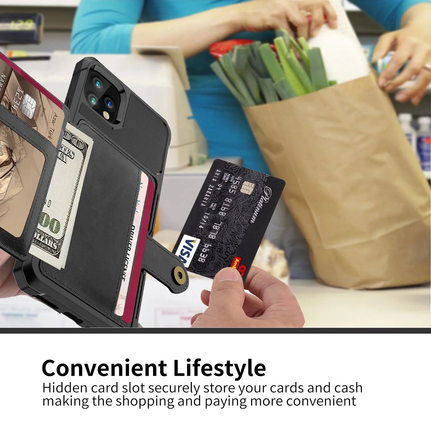 Imitation leather iPhone case with built-in card slot in black, shown next to a credit card.