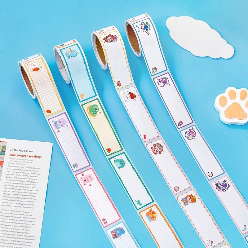 Roll of cartoon name stickers showing dinosaur, astronaut, rabbit, and girl designs.