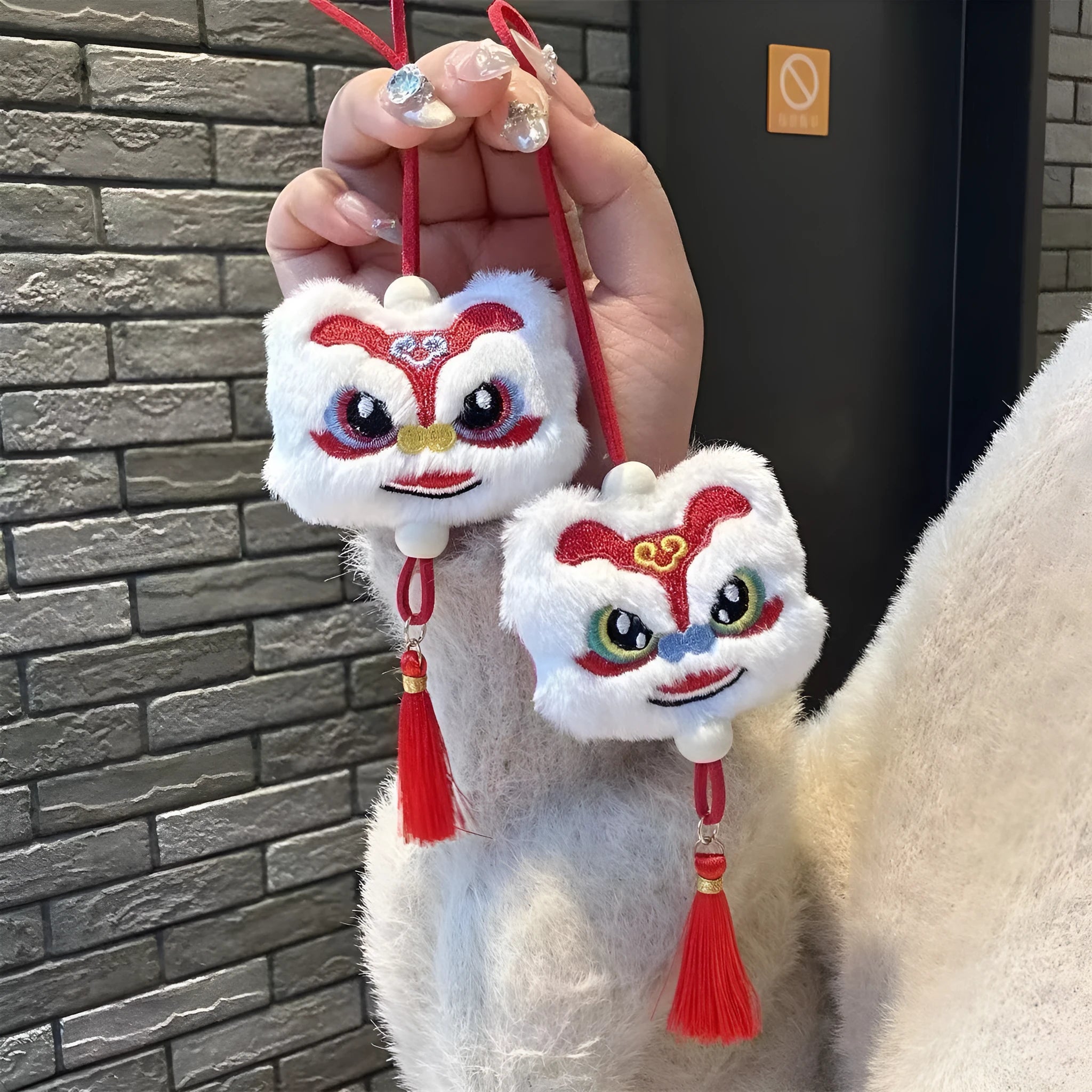Handmade Chinese style plush lion tassel ornament keychain with star stone details in blue colour