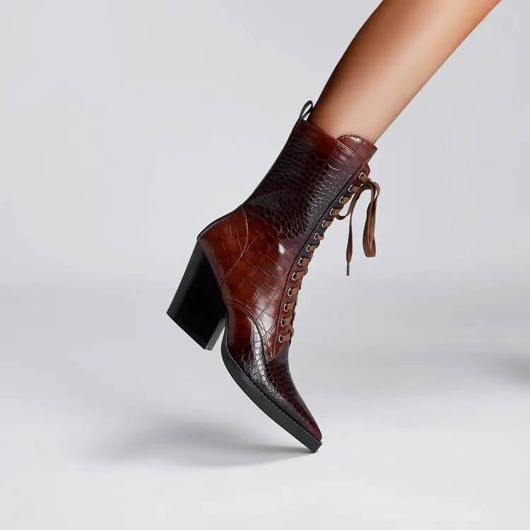 Retro pointed toe women's boots with chunky heel and lace-up details in dark brown