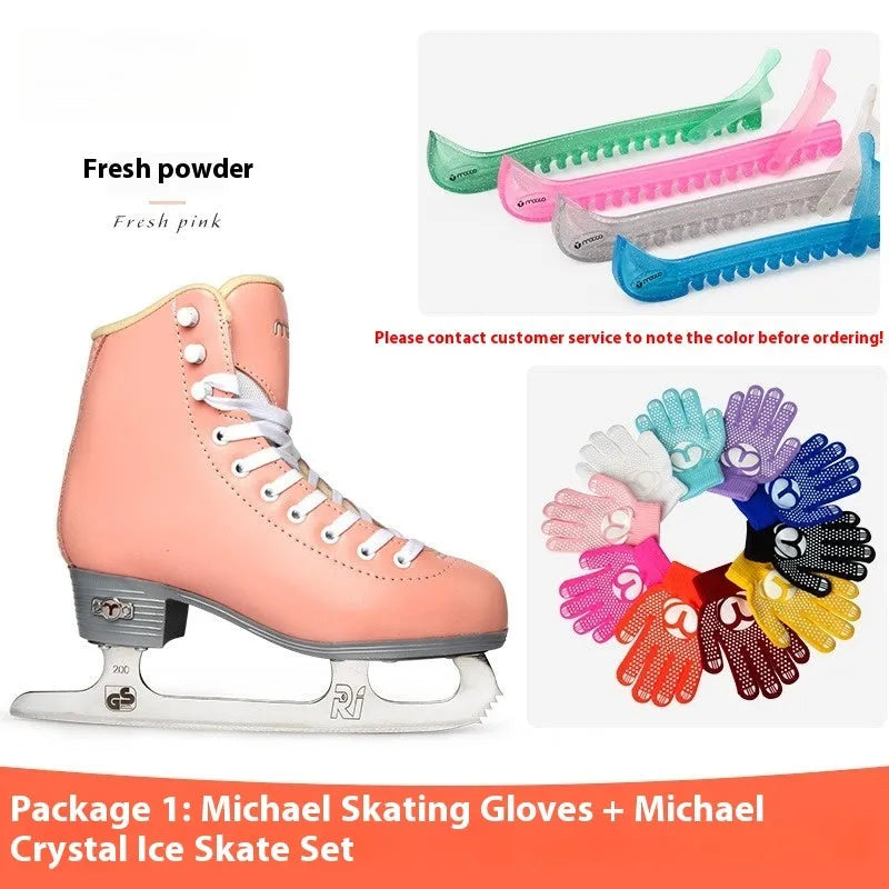 Children's beginner roller skates with genuine leather upper and stainless steel components, in black, pink, or white, sizes 28-35 and 40-44