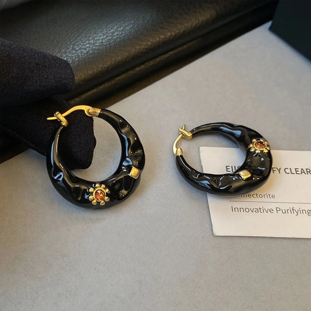 Hong Kong style retro ear studs with rhinestone inlay dripping oil treatment alloy metal earrings