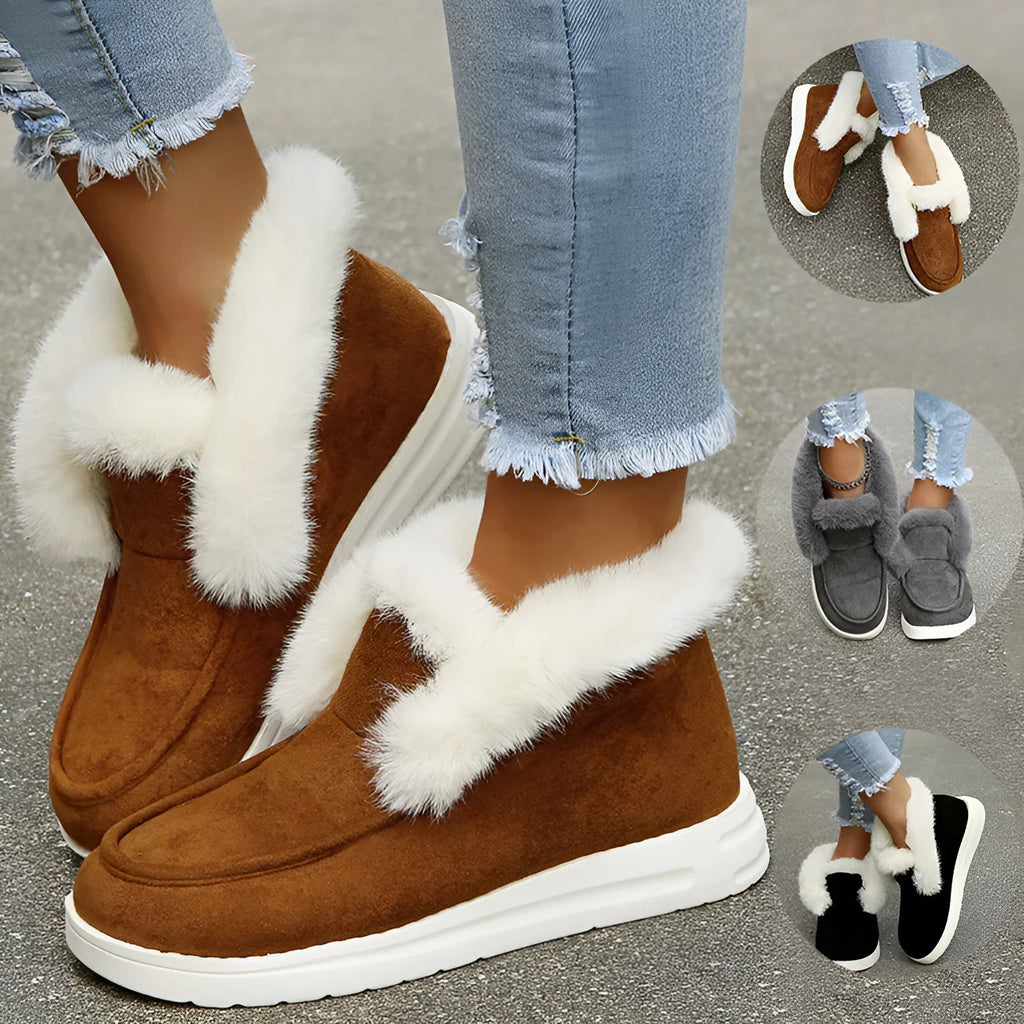 Women's snow boots ankle boots suede upper plush fur lining black colour low heel round toe