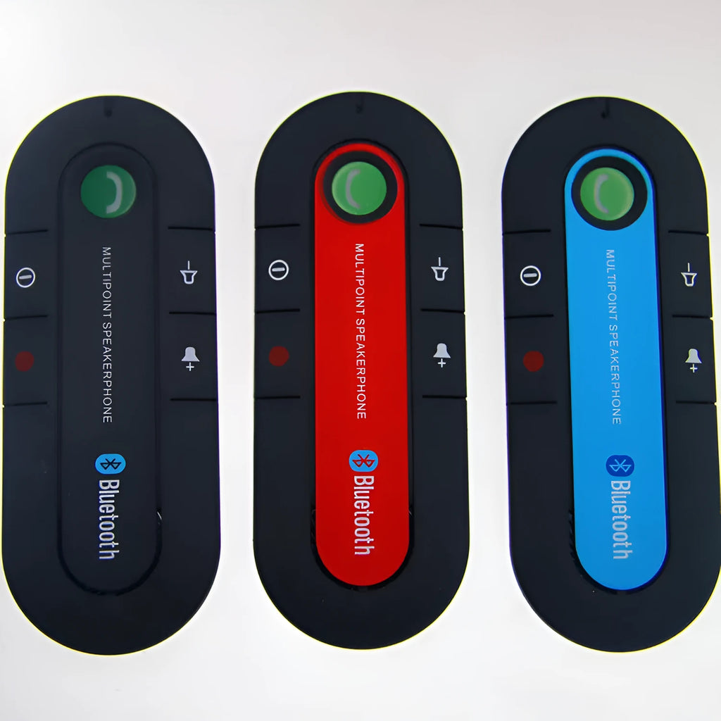 Car sun visor mounted Bluetooth handsfree device with music player in black, blue, or red colours