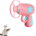 Blue plastic cat toy gun with spinning Frisbee disc for indoor cat play