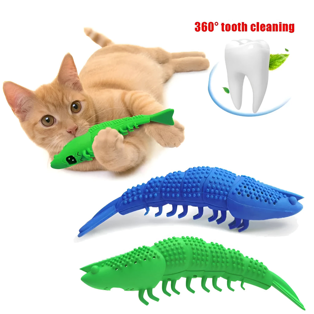 Blue hard rubber cat toy with textured surface for dental cleaning, featuring catnip and a bell inside.