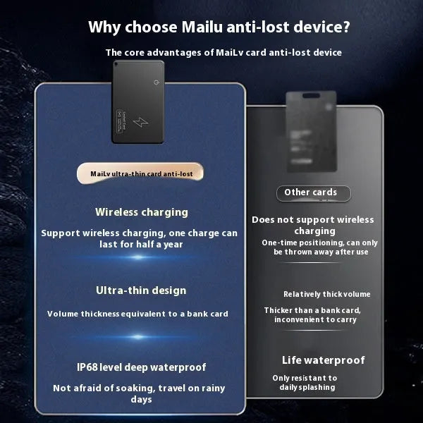 Black slim Find My compatible Bluetooth tracking card with rechargeable battery for keys and wallets.