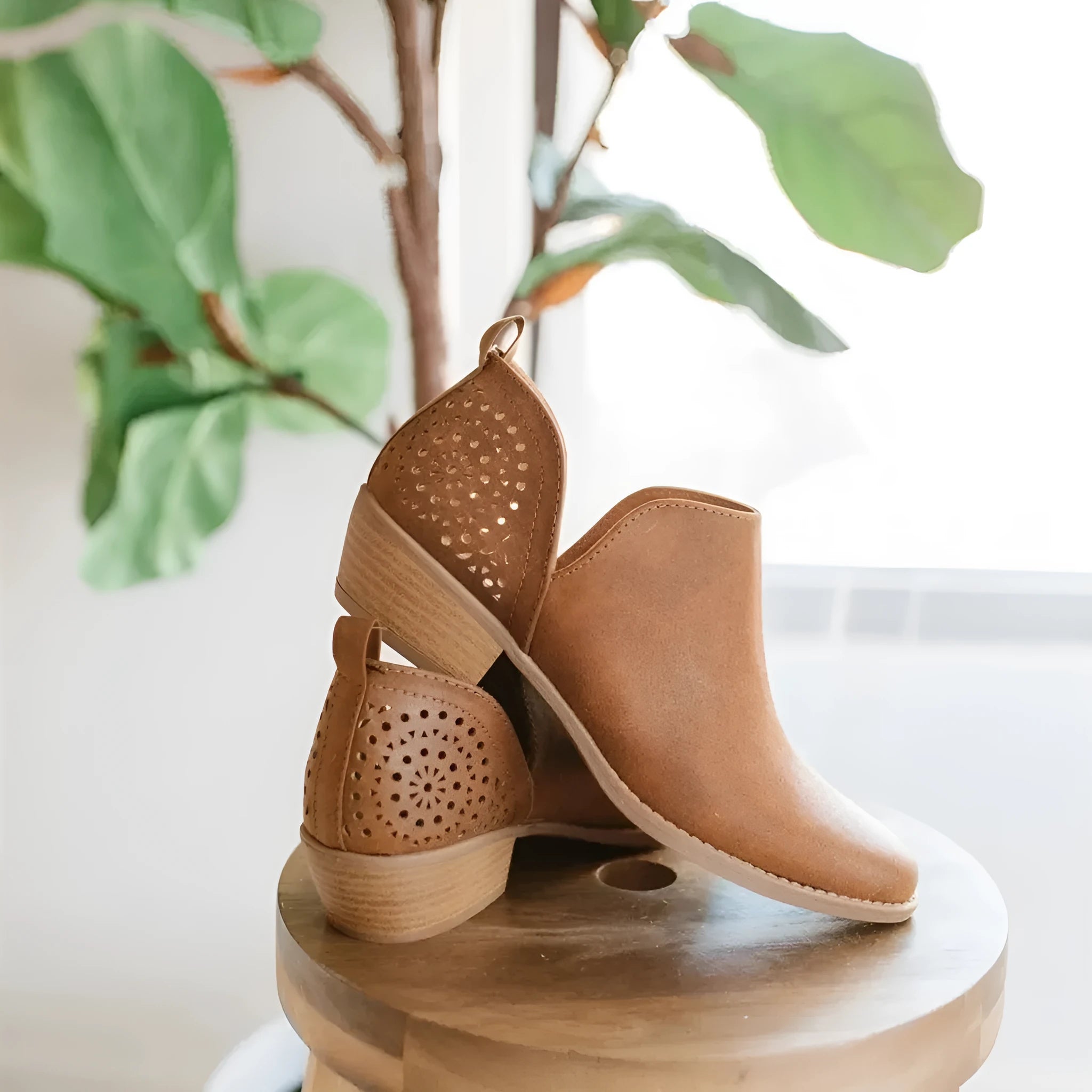 Women beige retro mesh chunky heel ankle boots with cut-out perforated synthetic leather upper, round toe, slip-on style