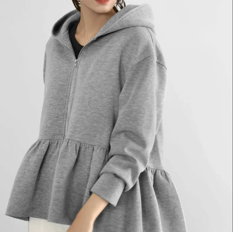 Japanese Korean style women's hooded sweatshirt jacket in gray, loose fit with petal sleeves