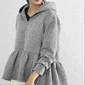 Japanese Korean style women's hooded sweatshirt jacket in gray, loose fit with petal sleeves