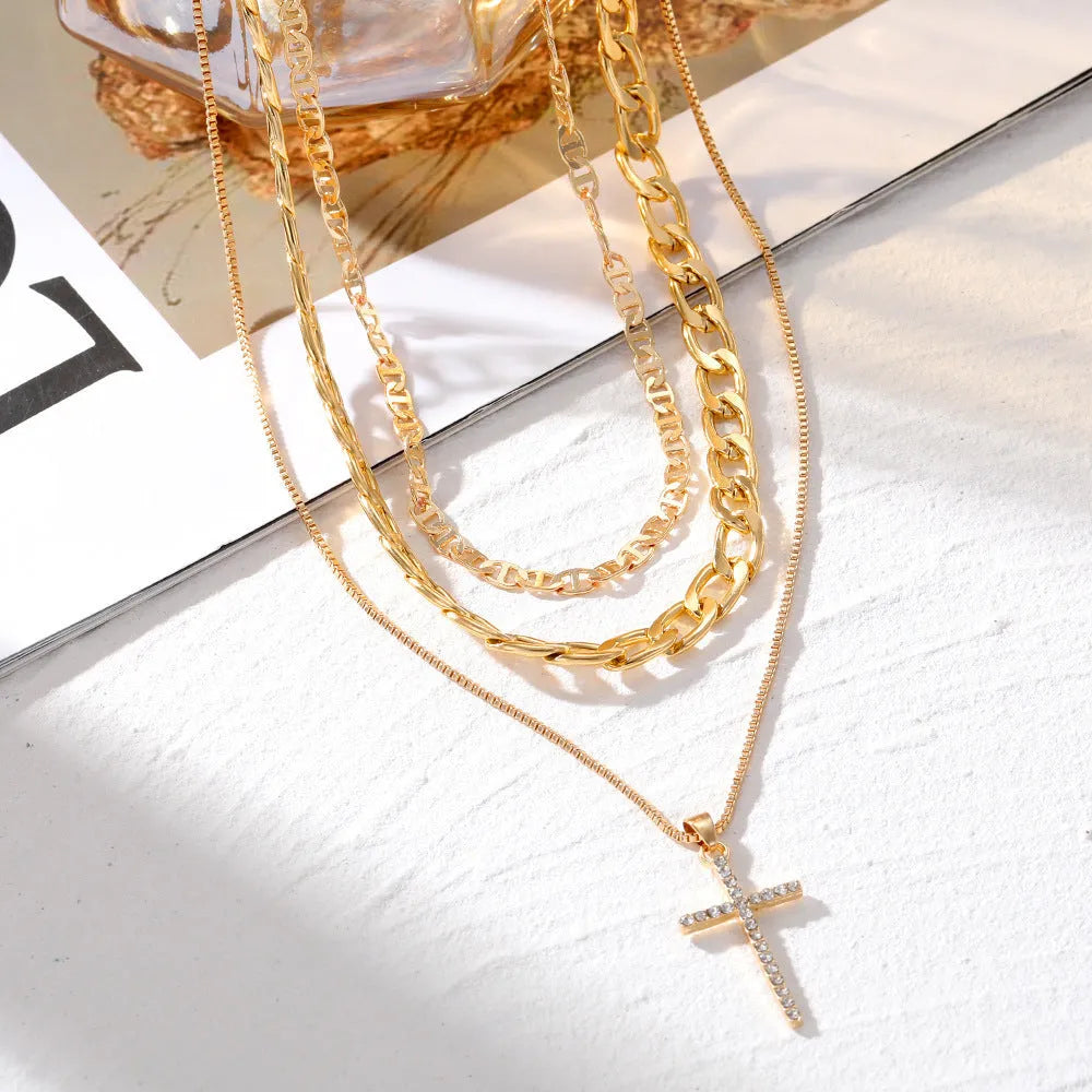 Layered multi-strand alloy geometric pendant necklace with electroplated gold finish for women