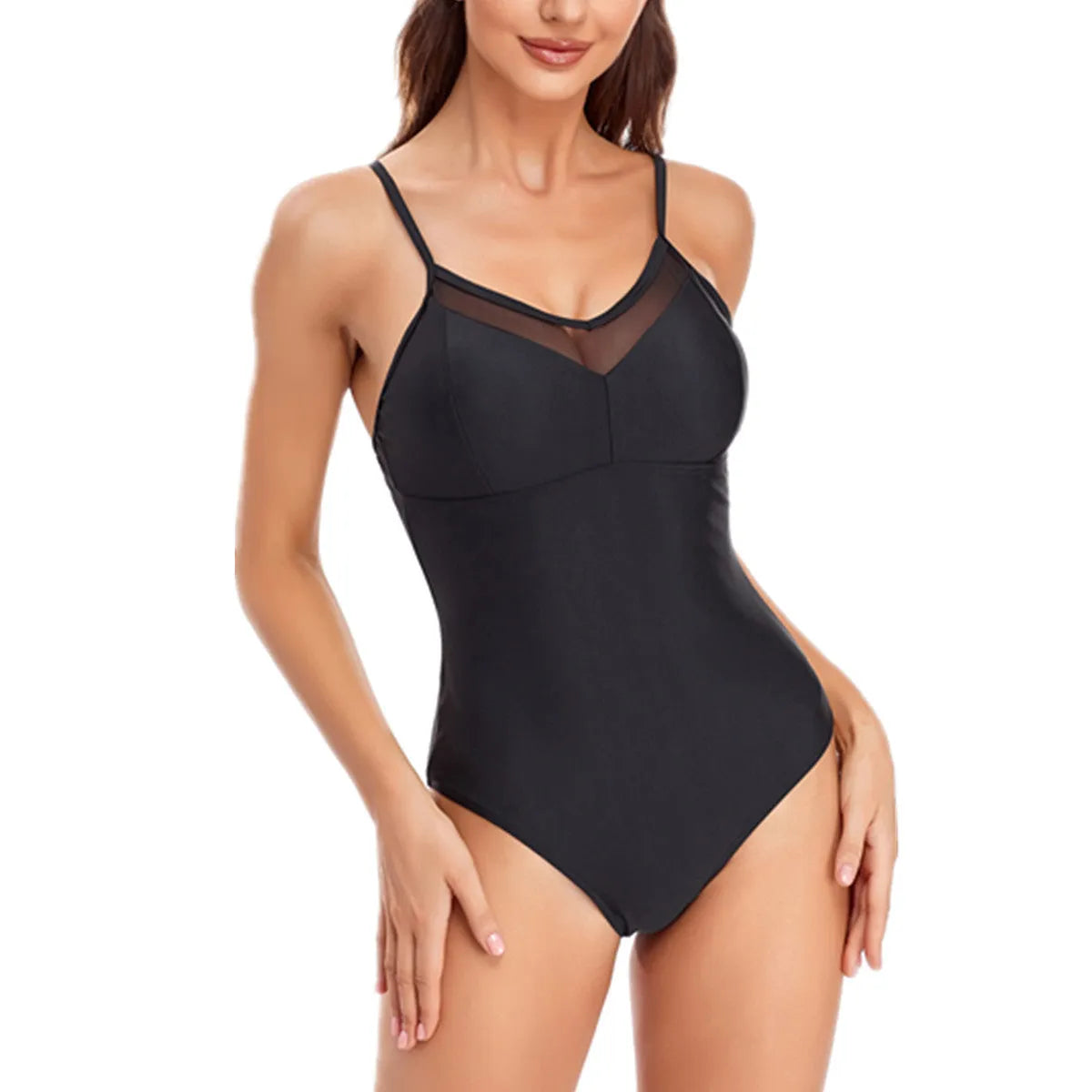 Ladies' solid colour one-piece swimsuit with mesh panel and backless design.