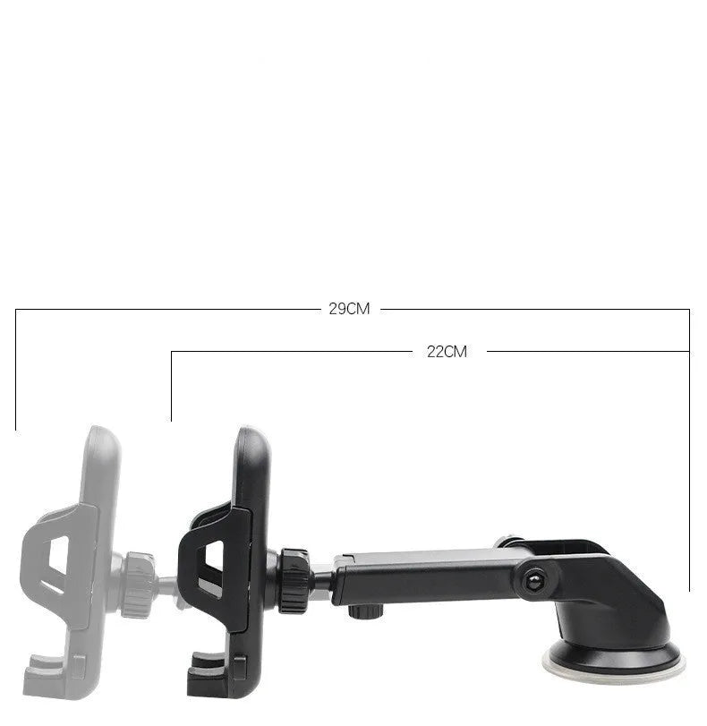 Carbon fibre texture car phone holder with silicone suction cup and telescopic rod, fits phones up to 8.5cm wide.